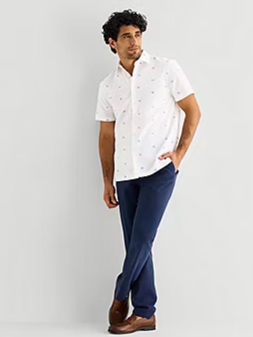 White Short-Sleeve Button-Up Shirt with Subtle Dot Print FLAWED GEM